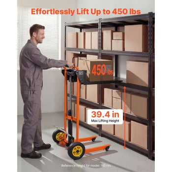 Hydraulic Material Lift Winch Stacker, 450 lbs Load Capacity, Pallet Truck Dolly with Fork Lift Table, 39.4 Inches Max Lifting Height, Foldable & Portable Pallet Jack Table Cart, Orange & Black