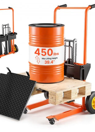 Hydraulic Material Lift Winch Stacker, 450 lbs Load Capacity, Pallet Truck Dolly with Fork Lift Table, 39.4 Inches Max Lifting Height, Foldable & Portable Pallet Jack Table Cart, Orange & Black