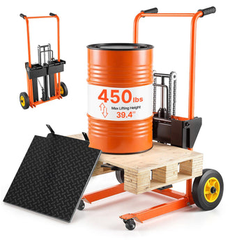 Hydraulic Material Lift Winch Stacker, 450 lbs Load Capacity, Pallet Truck Dolly with Fork Lift Table, 39.4 Inches Max Lifting Height, Foldable & Portable Pallet Jack Table Cart, Orange & Black