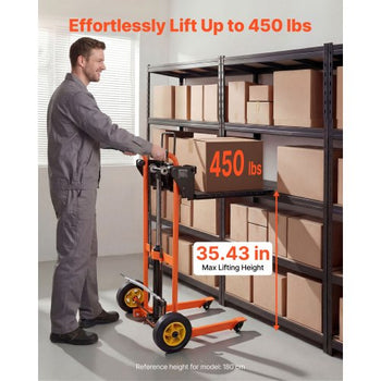 Hydraulic Material Lift Winch Stacker, 450 lbs Load Capacity, Pallet Truck Dolly with Fork Lift Table, 35.4 Inches Max Lifting Height, Foldable & Portable Pallet Jack Table Cart, Orange & Black