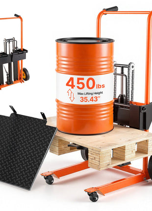 Hydraulic Material Lift Winch Stacker, 450 lbs Load Capacity, Pallet Truck Dolly with Fork Lift Table, 35.4 Inches Max Lifting Height, Foldable & Portable Pallet Jack Table Cart, Orange & Black