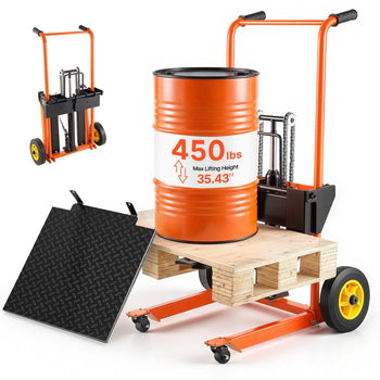 Hydraulic Material Lift Winch Stacker, 450 lbs Load Capacity, Pallet Truck Dolly with Fork Lift Table, 35.4 Inches Max Lifting Height, Foldable & Portable Pallet Jack Table Cart, Orange & Black