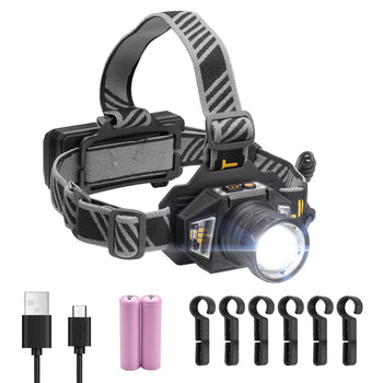 Headlamp, Bright LED Rechargeable Headlight, Lightweight Head Flashlight with 16 Lighting Modes, Adjustable Headband & 90° Angle, Zoomable Head Lamp for Camping, Running, Hiking, Fishing