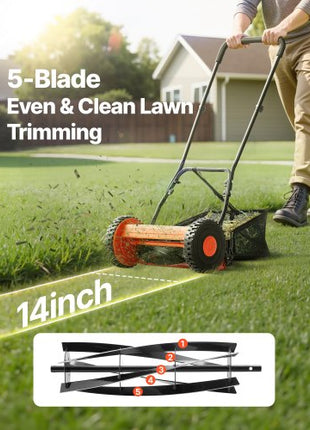Push Reel Lawn Mower 14 inch, 5 Blades Manual Push Mower No Motor, 0.6-1.75 in Adjustable Cutting Height, Walk-Behind Lawn Mowers with Grass Catcher Bag for Green Lawns, Driveways, Courtyards