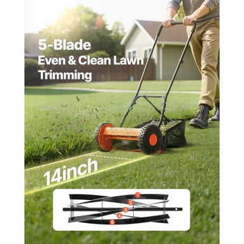 Push Reel Lawn Mower 14 inch, 5 Blades Manual Push Mower No Motor, 0.6-1.75 in Adjustable Cutting Height, Walk-Behind Lawn Mowers with Grass Catcher Bag for Green Lawns, Driveways, Courtyards
