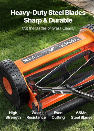 Push Reel Lawn Mower 14 inch, 5 Blades Manual Push Mower No Motor, 0.6-1.75 in Adjustable Cutting Height, Walk-Behind Lawn Mowers with Grass Catcher Bag for Green Lawns, Driveways, Courtyards