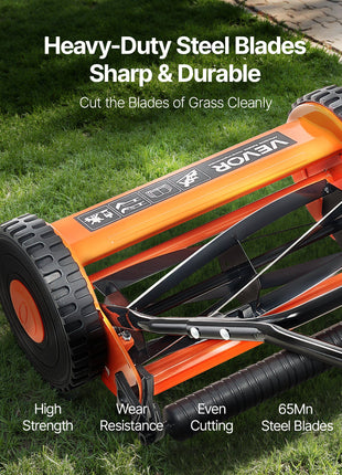 Push Reel Lawn Mower 16 inch, 5 Blades Manual Push Mower No Motor, 0.6-1.75 in Adjustable Cutting Height, Walk-Behind Lawn Mowers with Grass Catcher Bag for Green Lawns, Driveways, Courtyards