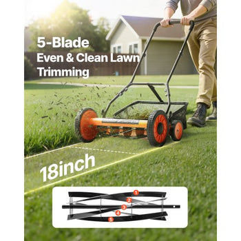 Push Reel Lawn Mower 18 inch, 5 Blades Manual Push Mower No Motor, 1.37-2.44 in Adjustable Cutting Height, Walk-Behind Lawn Mowers with Grass Catcher Bag for Green Lawns, Driveways, Courtyards