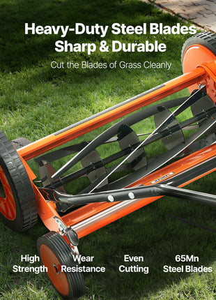 Push Reel Lawn Mower 18 inch, 5 Blades Manual Push Mower No Motor, 1.37-2.44 in Adjustable Cutting Height, Walk-Behind Lawn Mowers with Grass Catcher Bag for Green Lawns, Driveways, Courtyards
