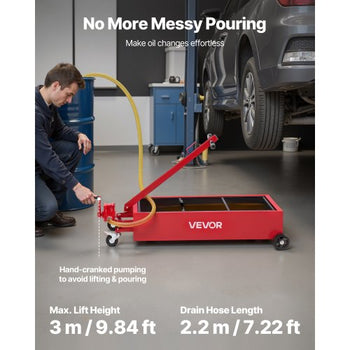 Low Profile Oil Drain Pan, 20 Gallon Capacity, Rolling Oil Drain Pan with Manual Pump, 7.2 ft Hose & T Folding Handle, Leak-proof & Corrosion-resistant, Fit for Cars, SUVs, Trucks, ATVs, Red