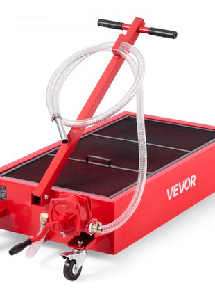 Low Profile Oil Drain Pan, 20 Gallon Capacity, Rolling Oil Drain Pan with Manual Pump, 7.2 ft Hose & T Folding Handle, Leak-proof & Corrosion-resistant, Fit for Cars, SUVs, Trucks, ATVs, Red