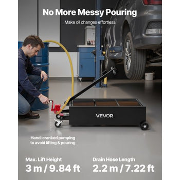 Low Profile Oil Drain Pan, 25 Gallon Capacity, Rolling Oil Drain Pan with Manual Pump, 7.2 ft Hose & T Folding Handle, Leak-proof & Corrosion-resistant, Fit for Cars, SUVs, Trucks, ATVs, Black