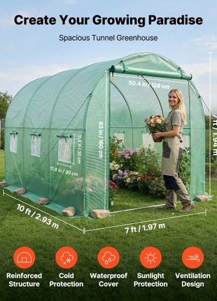 Walk-in Tunnel Greenhouse, 10 x 7 x 7 ft Hoop House Greenhouse Tunnel, Plant Hot House with 4 Nozzles, 26.25 ft Hose, Steel Frame, PE Cover, Roll-up Zipper Door and 6 Windows for Outdoors, Green