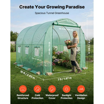 Walk-in Tunnel Greenhouse, 10 x 7 x 7 ft Hoop House Greenhouse Tunnel, Plant Hot House with 4 Nozzles, 26.25 ft Hose, Steel Frame, PE Cover, Roll-up Zipper Door and 6 Windows for Outdoors, Green