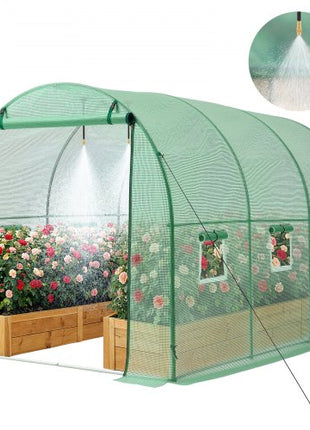 Walk-in Tunnel Greenhouse, 10 x 7 x 7 ft Hoop House Greenhouse Tunnel, Plant Hot House with 4 Nozzles, 26.25 ft Hose, Steel Frame, PE Cover, Roll-up Zipper Door and 6 Windows for Outdoors, Green