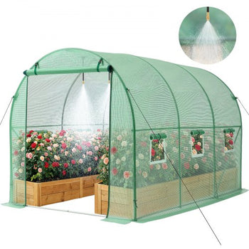 Walk-in Tunnel Greenhouse, 10 x 7 x 7 ft Hoop House Greenhouse Tunnel, Plant Hot House with 4 Nozzles, 26.25 ft Hose, Steel Frame, PE Cover, Roll-up Zipper Door and 6 Windows for Outdoors, Green