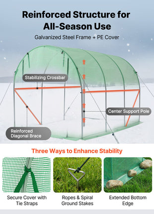 Walk-in Tunnel Greenhouse, 10 x 7 x 7 ft Hoop House Greenhouse Tunnel, Plant Hot House with 4 Nozzles, 26.25 ft Hose, Steel Frame, PE Cover, Roll-up Zipper Door and 6 Windows for Outdoors, Green