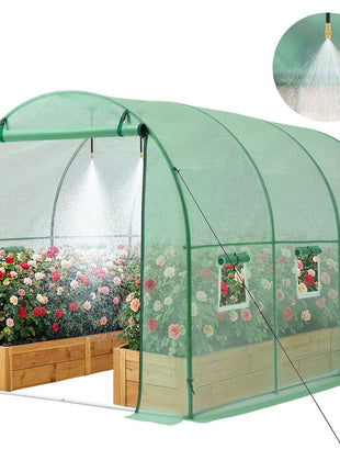 Walk-in Tunnel Greenhouse, 10 x 7 x 7 ft Hoop House Greenhouse Tunnel, Plant Hot House with 4 Nozzles, 26.25 ft Hose, Steel Frame, PE Cover, Roll-up Zipper Door and 6 Windows for Outdoors, Green