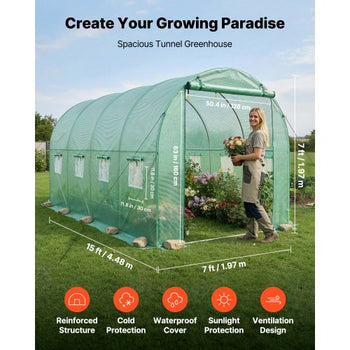 Walk-in Tunnel Greenhouse, 15 x 7 x 7 ft Hoop House Greenhouse Tunnel with Watering System, Plant Hot House with Steel Frame, PE Cover, Roll-Up Zipper Door and 8 Windows for Outdoors, Green