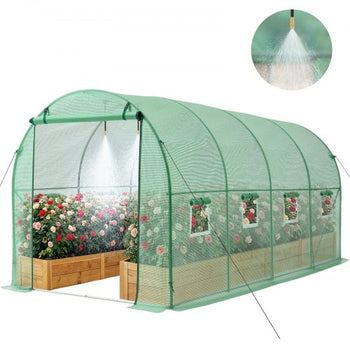 Walk-in Tunnel Greenhouse, 15 x 7 x 7 ft Hoop House Greenhouse Tunnel with Watering System, Plant Hot House with Steel Frame, PE Cover, Roll-Up Zipper Door and 8 Windows for Outdoors, Green