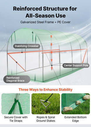 Walk-in Tunnel Greenhouse, 15 x 7 x 7 ft Hoop House Greenhouse Tunnel with Watering System, Plant Hot House with Steel Frame, PE Cover, Roll-Up Zipper Door and 8 Windows for Outdoors, Green