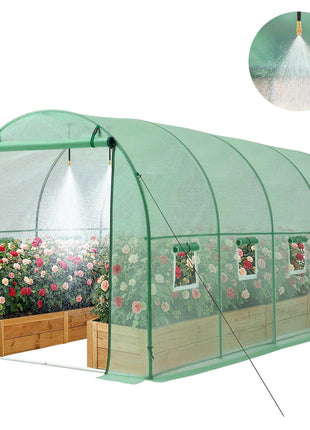 Walk-in Tunnel Greenhouse, 15 x 7 x 7 ft Hoop House Greenhouse Tunnel with Watering System, Plant Hot House with Steel Frame, PE Cover, Roll-Up Zipper Door and 8 Windows for Outdoors, Green