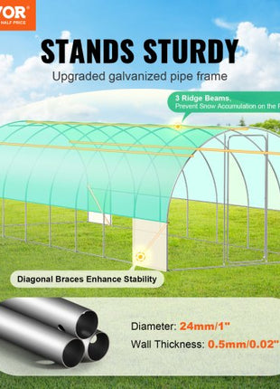 Walk-in Tunnel Greenhouse, 27.4x9.5x7.4 ft Hoop House Greenhouse Tunnel, Plant Hot House with Galvanized Steel Frame, Green PE Cover, Swing Door and 16 Roll-up Windows for Outdoor