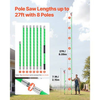 Manual Pole Saw, 3.87-27 ft Extendable Pole Tree Pruner with Scissors, Sharp 65Mn Steel Blade, Lightweight Fiberglass Handle Pole, for High Branch Trimming, Pruning Tool for Palms and Shrubs