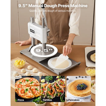 Manual Pizza Dough Press Machine, 9.5 inch Pizza Pastry Press Plate, Stainless Steel Bread Presser, Commercial Chapati Sheet Crust Maker, Forming Machine with Handle and 100 Pcs Parchment Paper