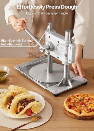 Manual Pizza Dough Press Machine, 9.5 inch Pizza Pastry Press Plate, Stainless Steel Bread Presser, Commercial Chapati Sheet Crust Maker, Forming Machine with Handle and 100 Pcs Parchment Paper