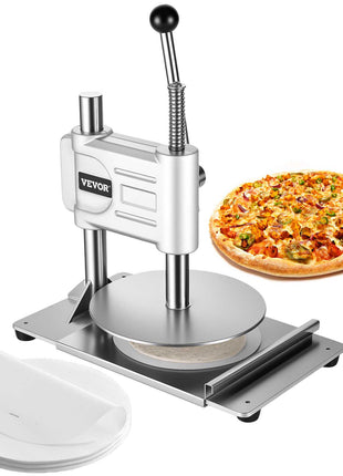Manual Pizza Dough Press Machine, 9.5 inch Pizza Pastry Press Plate, Stainless Steel Bread Presser, Commercial Chapati Sheet Crust Maker, Forming Machine with Handle and 100 Pcs Parchment Paper