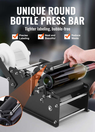 Unique round bottle press bar in black and silver, for precise, bubble-free labeling of wine bottles.