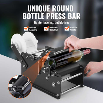 Unique round bottle press bar in black and silver, for precise, bubble-free labeling of wine bottles.
