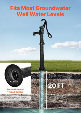 Well Hand Pitcher Pump, 20 ft Max Lift, Antique Cast Iron Manual Hand Water Pump with Heightening Base, NPT 1-1/4 in Connection, Easy Installation, for Outdoor Garden, Pond, Yard, Farm, Black