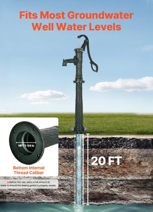 Well Hand Pitcher Pump, 20 ft Max Lift, Antique Cast Iron Manual Hand Water Pump with Heightening Base, NPT 1-1/4 in Connection, Easy Installation, for Outdoor Garden, Pond, Yard, Farm, Green