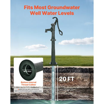 Well Hand Pitcher Pump, 20 ft Max Lift, Antique Cast Iron Manual Hand Water Pump with Heightening Base, NPT 1-1/4 in Connection, Easy Installation, for Outdoor Garden, Pond, Yard, Farm, Green