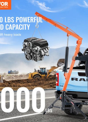 Hydraulic Pickup Truck Crane, 1000 lbs Capacity, 360° Swivel, Hitch Mounted Crane with Three Boom Capacities of 500 lbs, 750 lbs & 1000 lbs, for Lifting Goods in Construction, Forestry, Factory