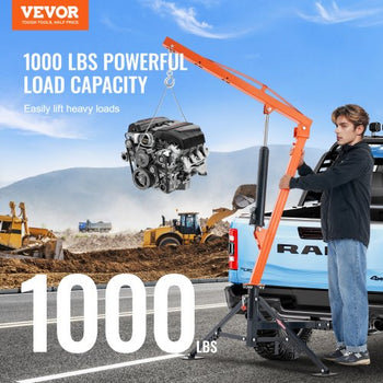 Hydraulic Pickup Truck Crane, 1000 lbs Capacity, 360° Swivel, Hitch Mounted Crane with Three Boom Capacities of 500 lbs, 750 lbs & 1000 lbs, for Lifting Goods in Construction, Forestry, Factory