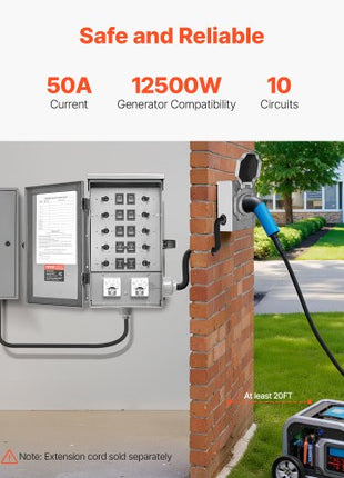 Manual Transfer Switch, 50-Amp 10-Circuit, Prewired Generator Transfer Switch Kit with CS6375 Plug Power Inlet Box, Double-Throw Switch, NEMA 3R, Mechanical Watt Meter, for 12500W Generators