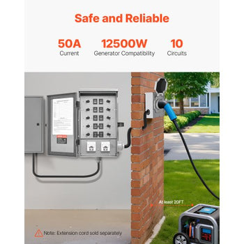 Manual Transfer Switch, 50-Amp 10-Circuit, Prewired Generator Transfer Switch Kit with CS6375 Plug Power Inlet Box, Double-Throw Switch, NEMA 3R, Mechanical Watt Meter, for 12500W Generators