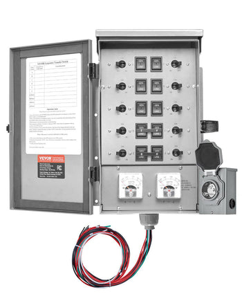 Manual Transfer Switch, 50-Amp 10-Circuit, Prewired Generator Transfer Switch Kit with CS6375 Plug Power Inlet Box, Double-Throw Switch, NEMA 3R, Mechanical Watt Meter, for 12500W Generators