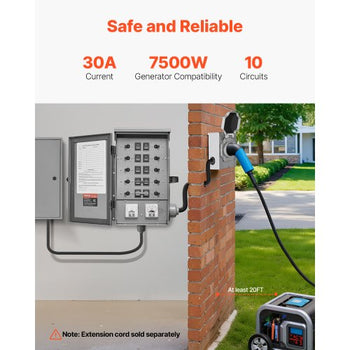Manual Transfer Switch, 30-Amp 10-Circuit, Prewired Generator Transfer Switch Kit with NEMA L14-30P Power Inlet Box, Double-Throw Switch, NEMA 3R, Mechanical Watt Meter, for 7500W Generators