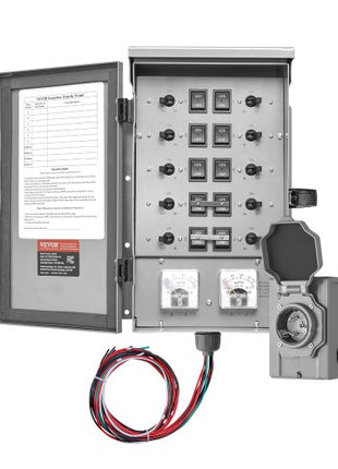 Manual Transfer Switch, 30-Amp 10-Circuit, Prewired Generator Transfer Switch Kit with NEMA L14-30P Power Inlet Box, Double-Throw Switch, NEMA 3R, Mechanical Watt Meter, for 7500W Generators