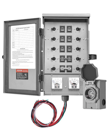 Manual Transfer Switch, 30-Amp 10-Circuit, Prewired Generator Transfer Switch Kit with NEMA L14-30P Power Inlet Box, Double-Throw Switch, NEMA 3R, Mechanical Watt Meter, for 7500W Generators
