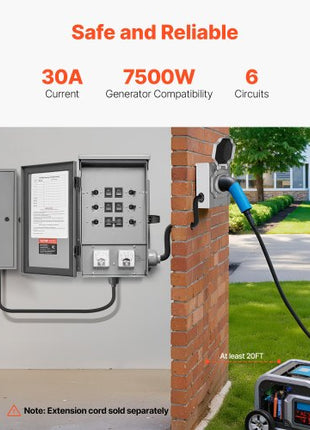 Manual Transfer Switch, 30-Amp 6-Circuit, Prewired Generator Transfer Switch Kit with NEMA L14-30P Power Inlet Box, Double-Throw Switch, NEMA 3R, Mechanical Watt Meter, for 7500W Generators