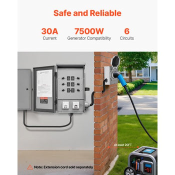 Manual Transfer Switch, 30-Amp 6-Circuit, Prewired Generator Transfer Switch Kit with NEMA L14-30P Power Inlet Box, Double-Throw Switch, NEMA 3R, Mechanical Watt Meter, for 7500W Generators
