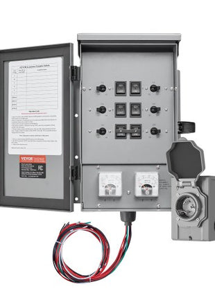 Manual Transfer Switch, 30-Amp 6-Circuit, Prewired Generator Transfer Switch Kit with NEMA L14-30P Power Inlet Box, Double-Throw Switch, NEMA 3R, Mechanical Watt Meter, for 7500W Generators