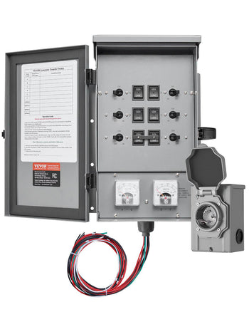 Manual Transfer Switch, 30-Amp 6-Circuit, Prewired Generator Transfer Switch Kit with NEMA L14-30P Power Inlet Box, Double-Throw Switch, NEMA 3R, Mechanical Watt Meter, for 7500W Generators