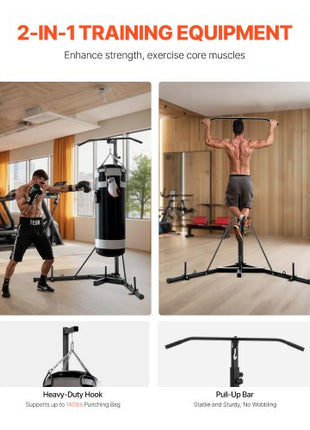 2 in 1 Punching Bag Stand, Steel Heavy Duty Workout Equipment, Adjustable Height Boxing Punching Bag Stand with Pull Up Bar, Freestanding Sandbag Rack, Holds Up to 140 lbs, for Home Gym Fitness