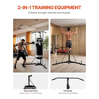 2 in 1 Punching Bag Stand, Steel Heavy Duty Workout Equipment, Adjustable Height Boxing Punching Bag Stand with Pull Up Bar, Freestanding Sandbag Rack, Holds Up to 140 lbs, for Home Gym Fitness